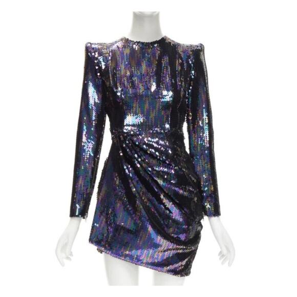 Alex Perry Iris Petrol Blue Sequins Shoulder Pads Draped Mini dress US size 10 - Picture 3 of 14